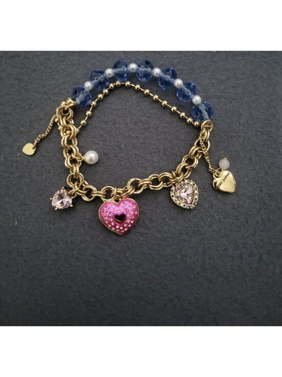Betsey Johnson Jewelry - Betsey Johnson Heart Charm Gold Tone Blue Beaded Bracelet Girly Glam